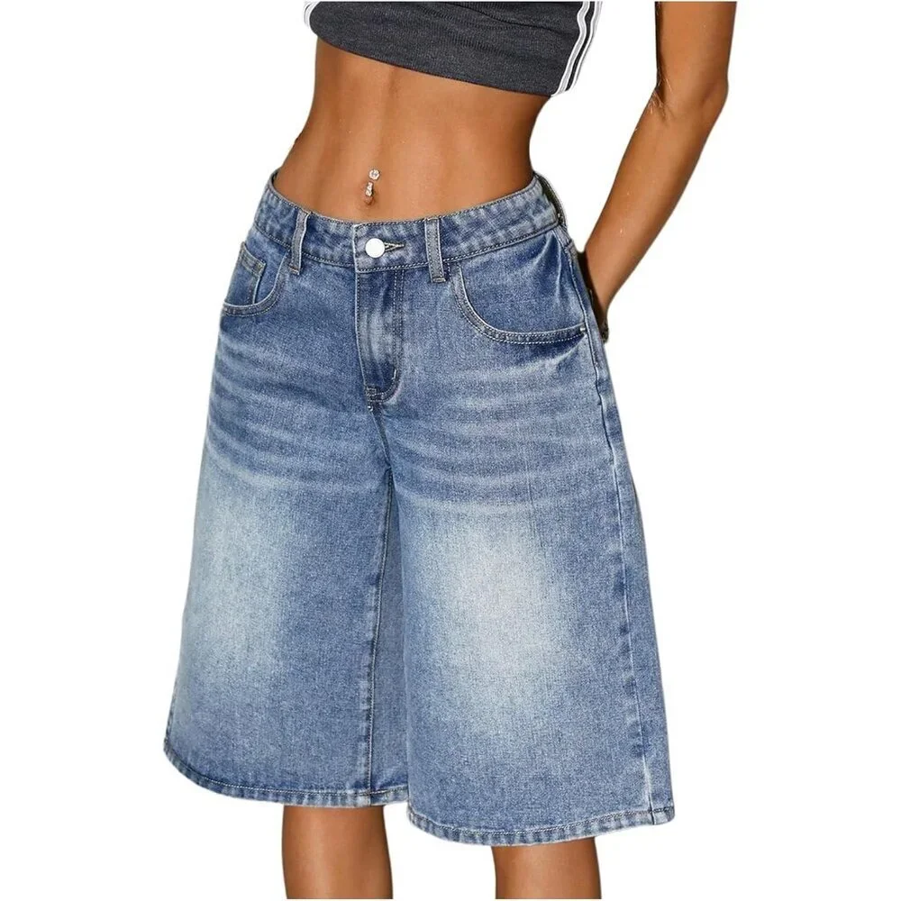Women's Baggy Denim Shorts Casual Wide Leg Bermuda Jean 32
